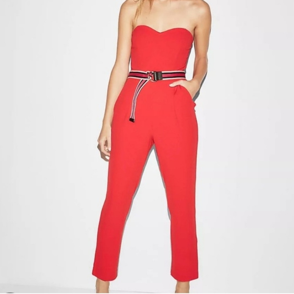Express Vibrant Red Strapless Jumpsuit